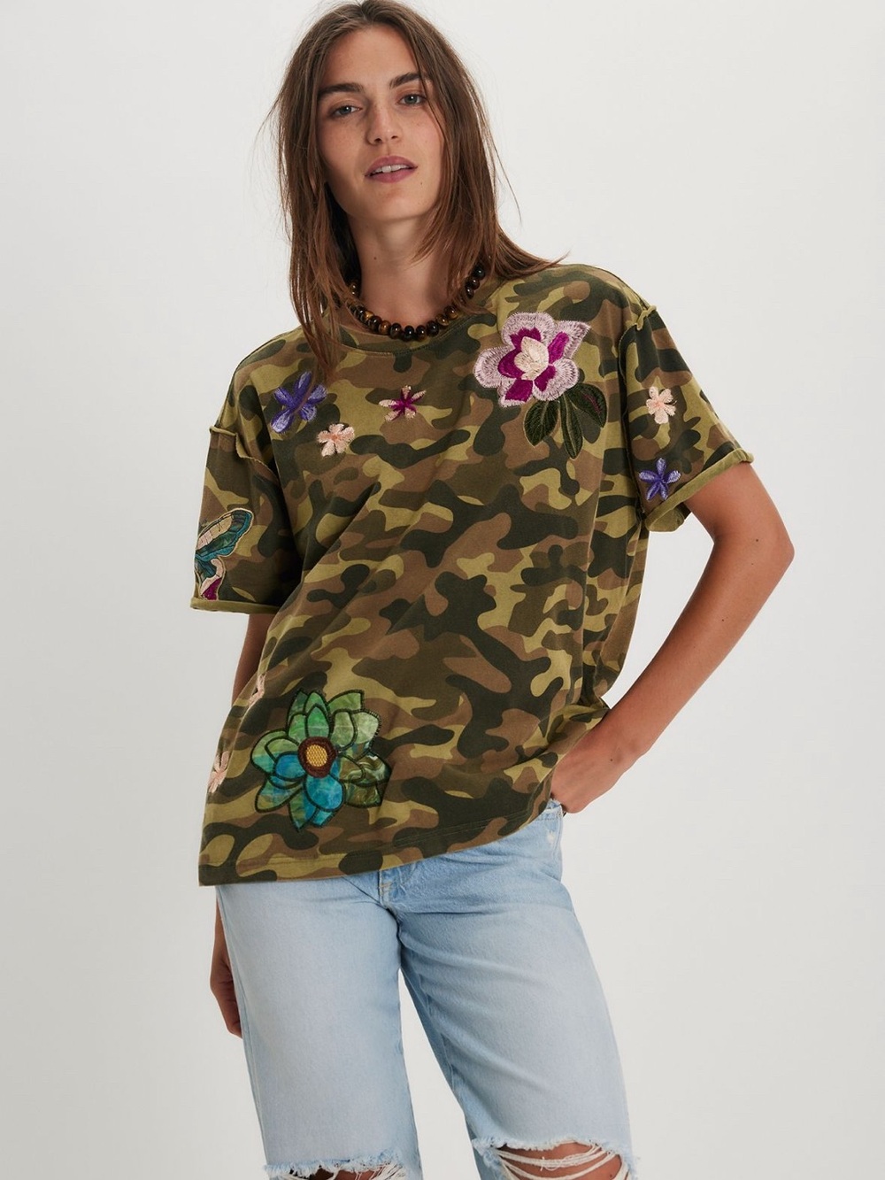 Free People X Denim And Bone Camo Applique Tee Small ❤️SOLD OUT❤️